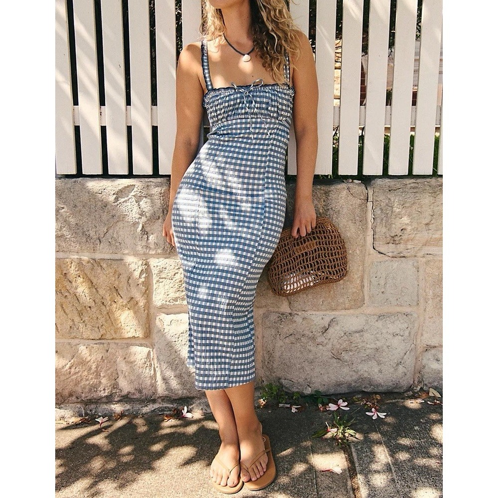 Free People Lucinda Plaid Midi Dress Women's M Blue White Gingham Cottagecore